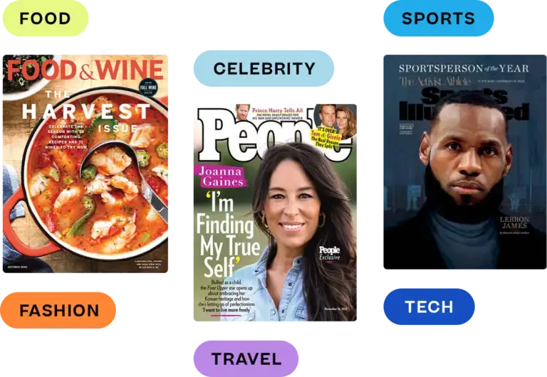 A selection of magazine covers from categories like food, fashion, celebrity, sports, and travel, highlighting the variety of content available on our digital platform for partners.