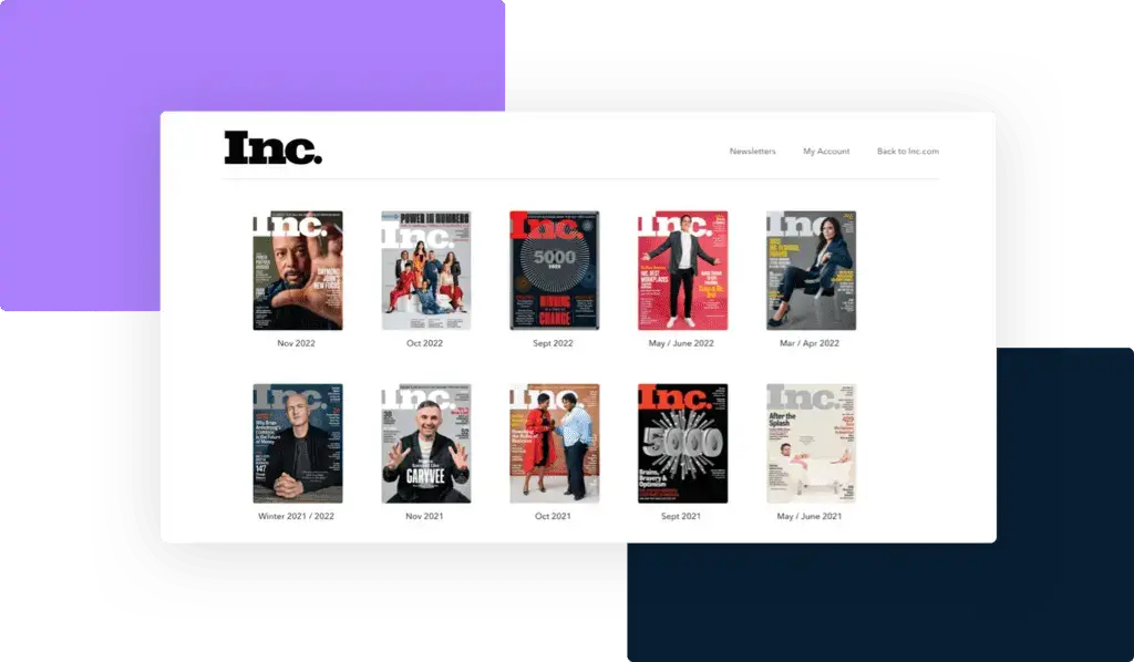 Digital library display of Inc. magazine, showcasing a collection of current and past issues available for subscribers, managed by eMagazines.